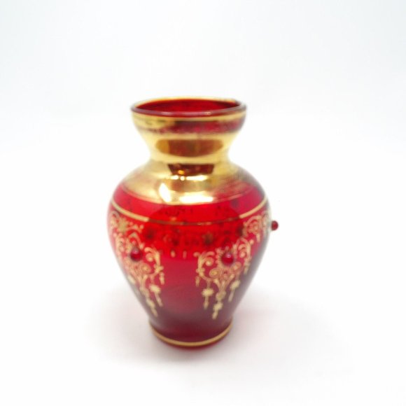 Vintage Hand Blown Red Glass Vase with Gold Design and Red Applied Glass Dots 4 - Picture 6 of 10